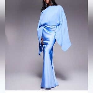 ASOS DESIGN chiffon overlay satin bias maxi dress in cornflower blue